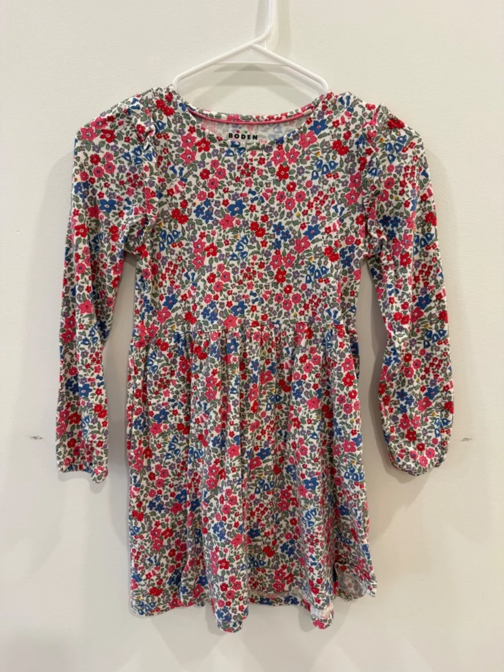 Mini Boden - Red & Blue Flowerbed Posie Long Sleeve Jersey Dress, Size 8-9y